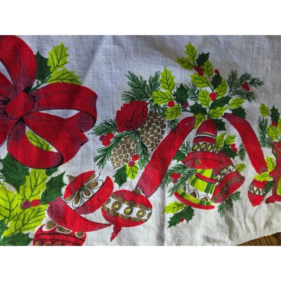VTG MSM Christmas Tablecloth Holiday Holly bells Ribbon Square 50x50 Red Green - Picture 3 of 5